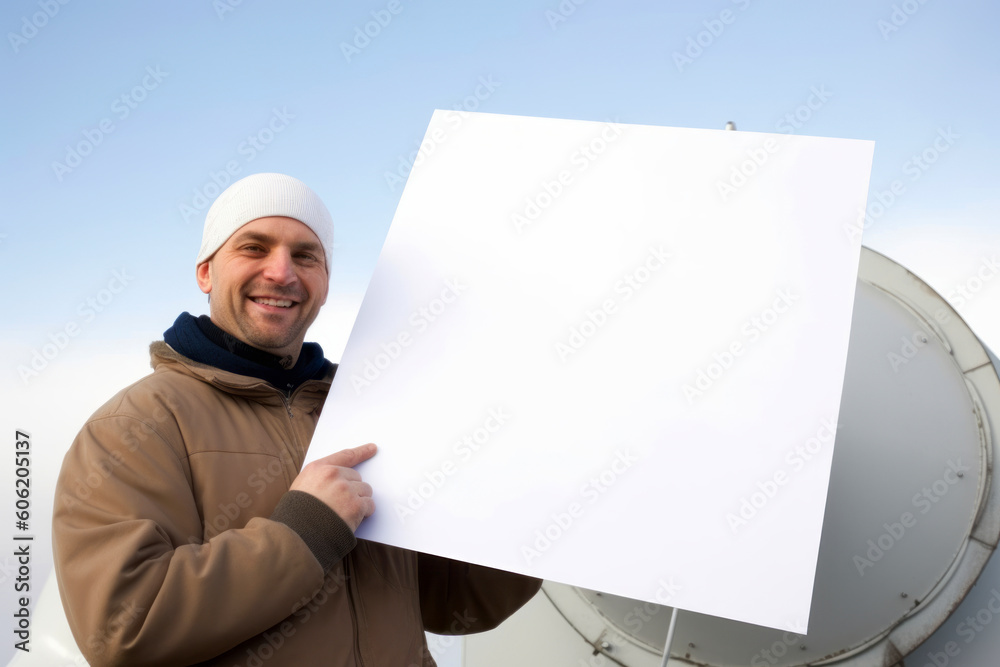 Portrait of a smiling man holding a blank sheet of paper outdoors Portrait of a smiling man holding a blank sheet of paper outdoors
