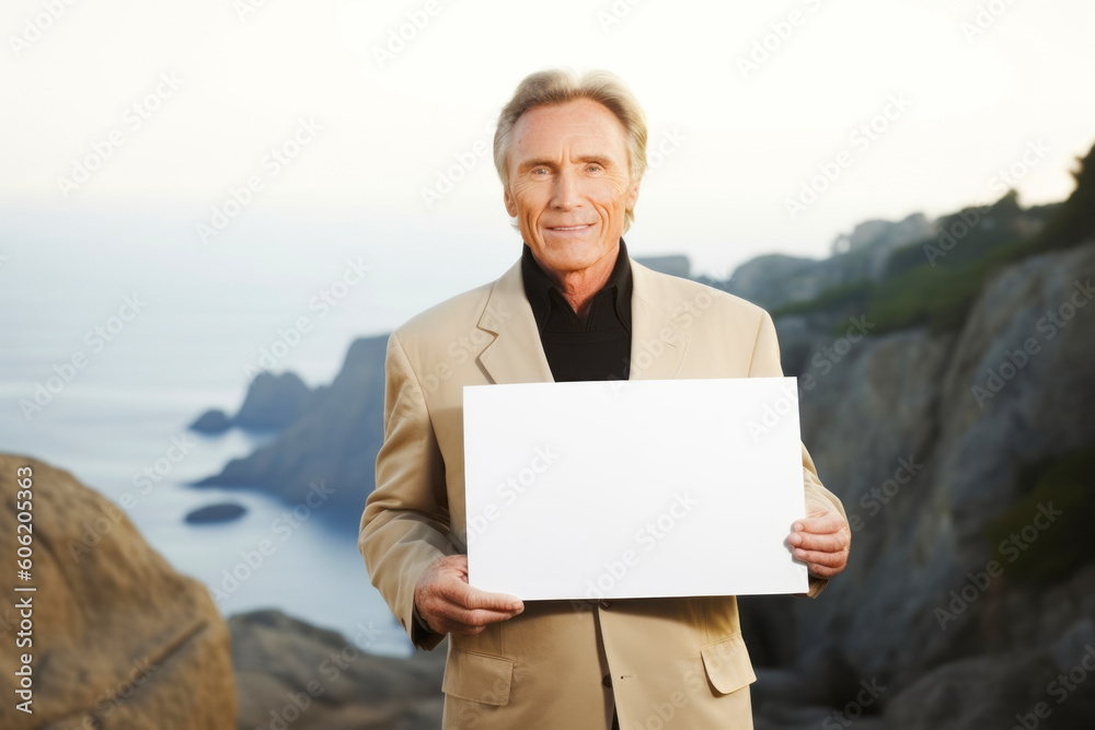 Portrait of senior man holding blank sheet of paper at seaside