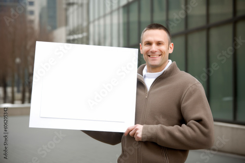 Young man holding a blank white billboard in the city. Copy space.