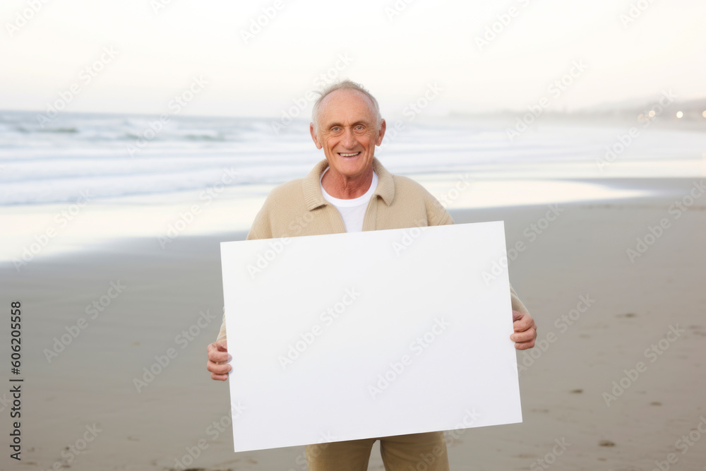 Senior man holding a blank board on the beach in the evening. Senior man holding a blank board on the beach in the evening.