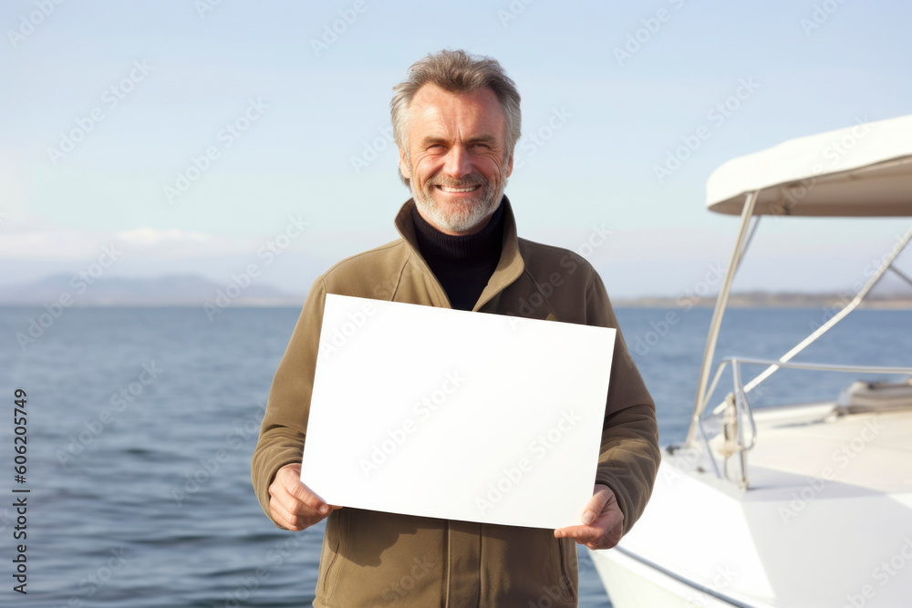 Portrait of happy senior man holding blank sheet of paper while standing on yacht