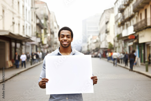 Young african american man holding a blank sheet of paper in the city