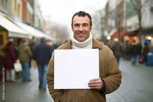 Smiling man holding white sheet of paper on the street in winter