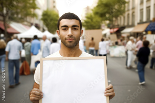 Portrait of a young man holding a blank placard in the street