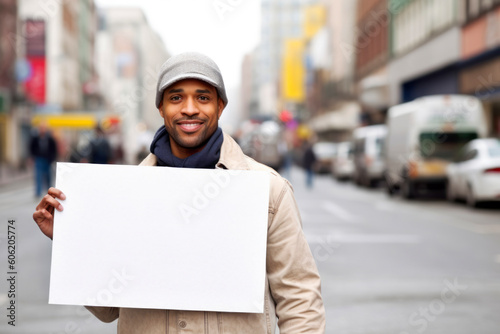 Portrait of a young african american man holding blank sign outdoors