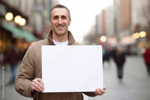 Portrait of a smiling man holding a blank placard in the city
