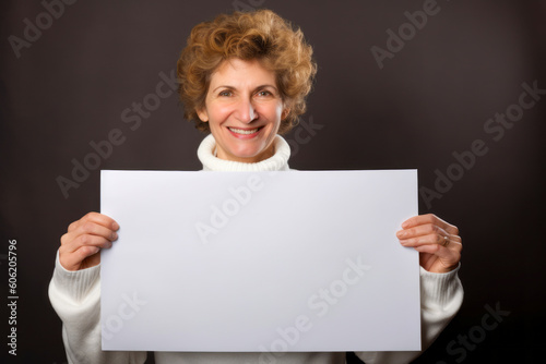 Mature woman holding a blank sheet of paper on a black background