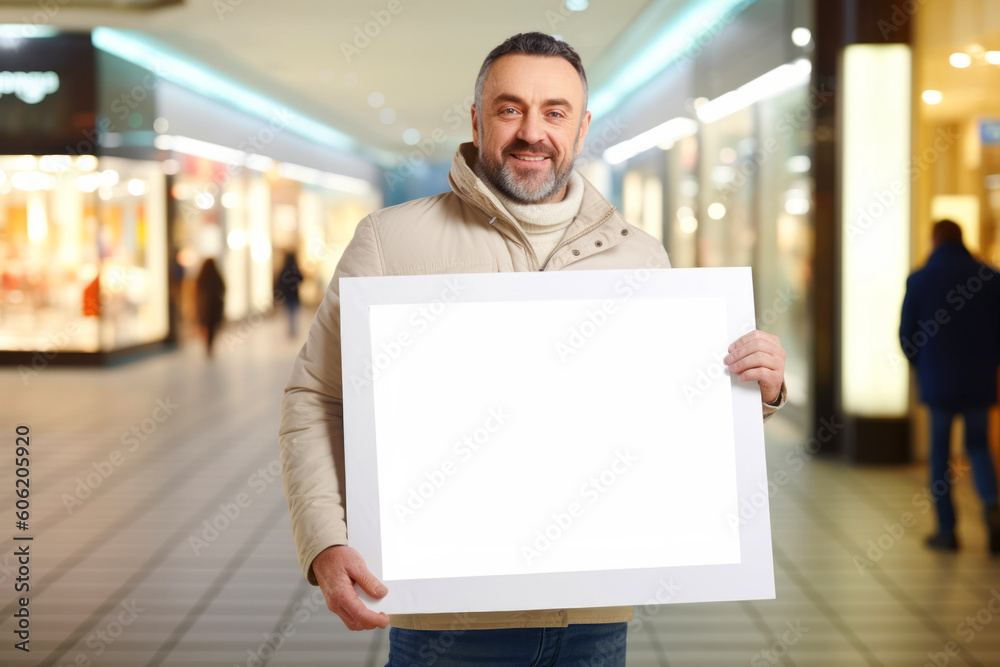 Handsome mature man with white board in shopping center. Space for text Handsome mature man with white board in shopping center. Space for text