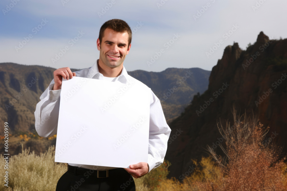 Businessman holding a blank white sheet of paper on a background of mountains Businessman holding a blank white sheet of paper on a background of mountains