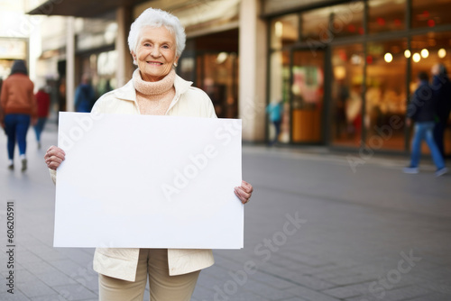 Portrait of smiling senior woman holding blank placard in the city