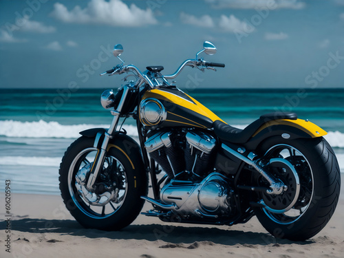 Motorcycle on the beach. Generative AI
