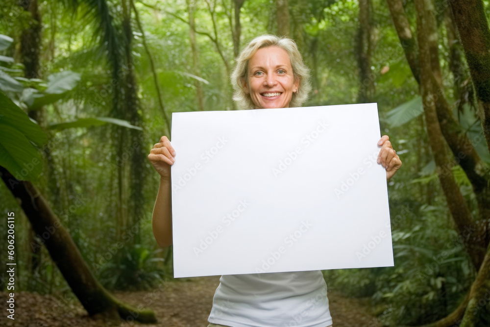 Mature woman holding a blank white board in the rainforest. Mature woman holding a blank white board in the rainforest.