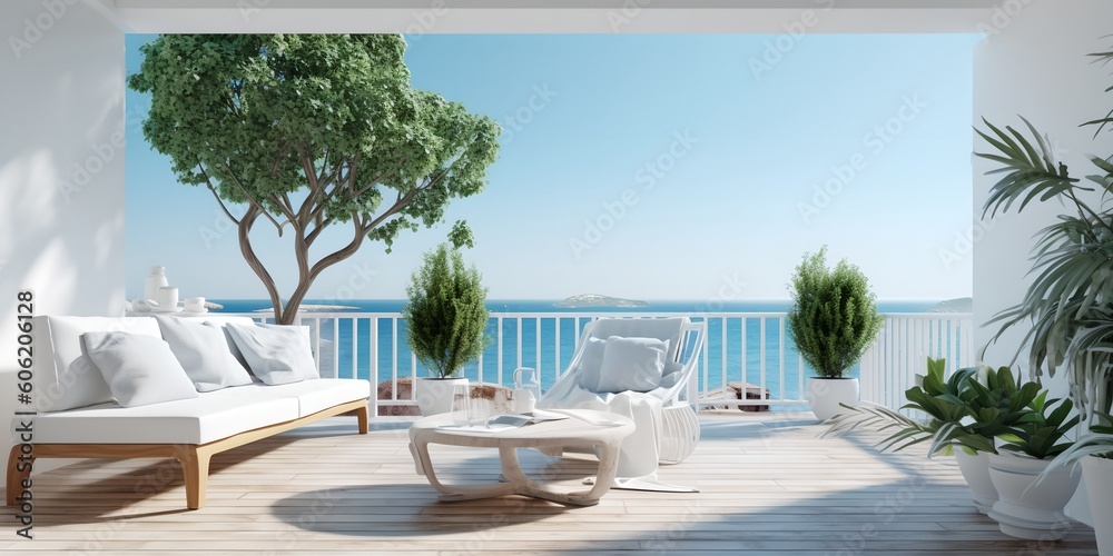 Fototapeta premium White terrace with a view of the ocean, generative ai