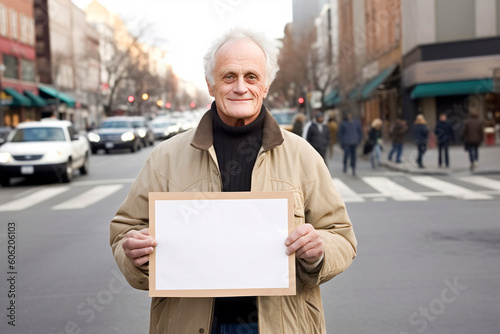 Portrait of senior man holding blank placard in the city street