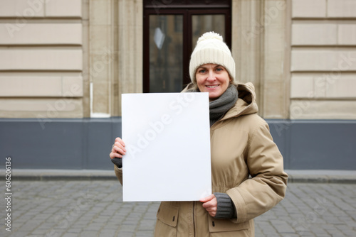 Portrait of a middle-aged woman holding a white sheet of paper on the street
