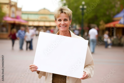 Mature woman holding a blank white sheet of paper in the street