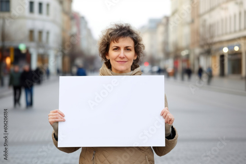 Portrait of a middle-aged woman holding a white sheet of paper in the city