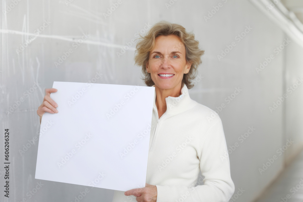Medium shot portrait photography of a pleased woman in her 50s holding an empty white blank sign poster wearing a cozy sweater against a fashion runway or designer background Medium shot portrait photography of a pleased woman in her 50s holding an empty white blank sign poster wearing a cozy sweater against a fashion runway or designer background