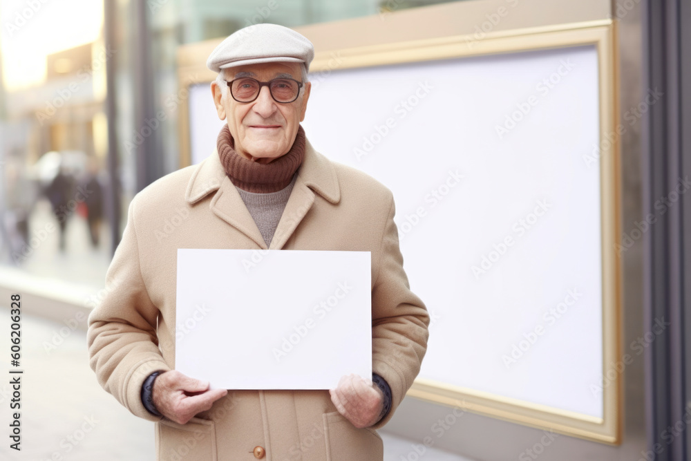 Elderly man with blank sheet of paper in a city street Elderly man with blank sheet of paper in a city street