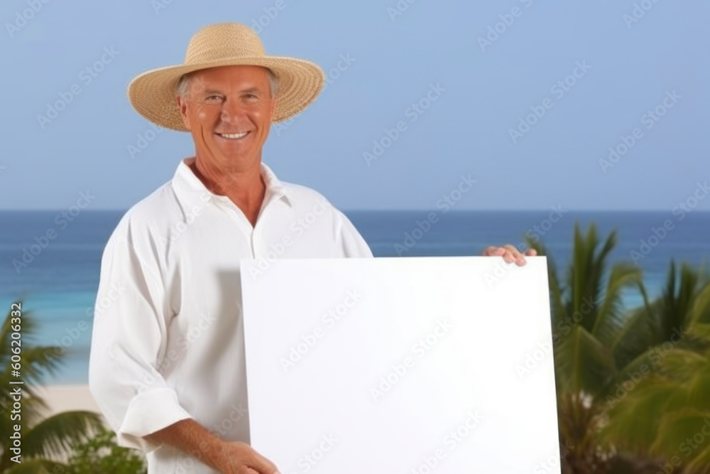 Senior man holding a white board in front of the beach with palm trees