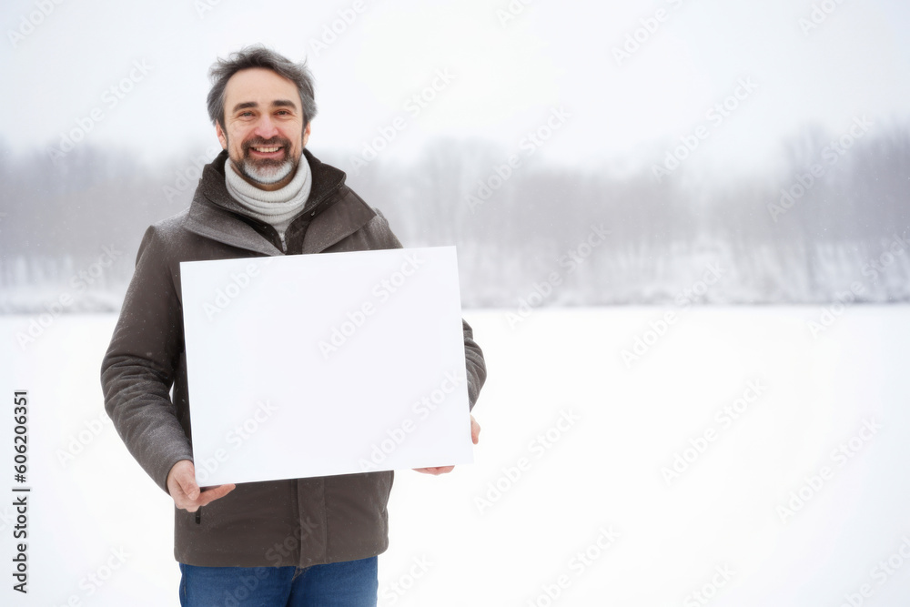 Portrait of a smiling man holding a blank white sheet of paper outdoors Portrait of a smiling man holding a blank white sheet of paper outdoors