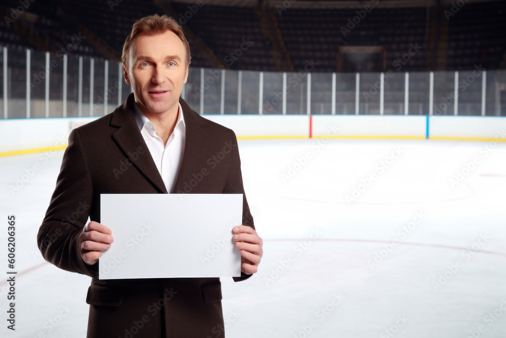 Medium shot portrait photography of a satisfied man in his 40s holding an empty white blank sign poster wearing a classic blazer against an ice rink or winter sports background Medium shot portrait photography of a satisfied man in his 40s holding an empty white blank sign poster wearing a classic blazer against an ice rink or winter sports background