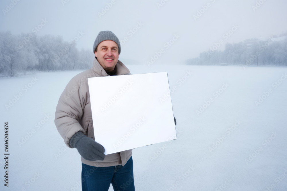 Young man with white sheet of paper in his hands on a frozen lake Young man with white sheet of paper in his hands on a frozen lake