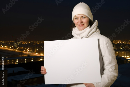 Young woman with white sheet of paper on the background of the night city