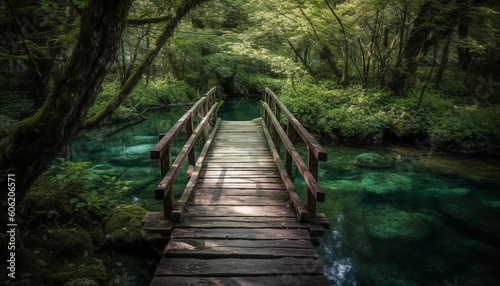 Tranquil scene of a footbridge over blue water generated by AI