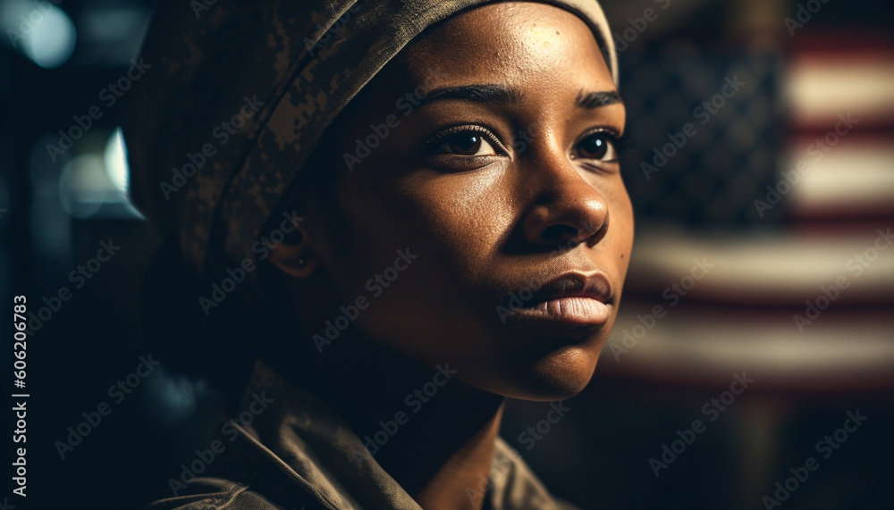 Young woman looking at camera with confidence generated by AI Young woman looking at camera with confidence generated by AI