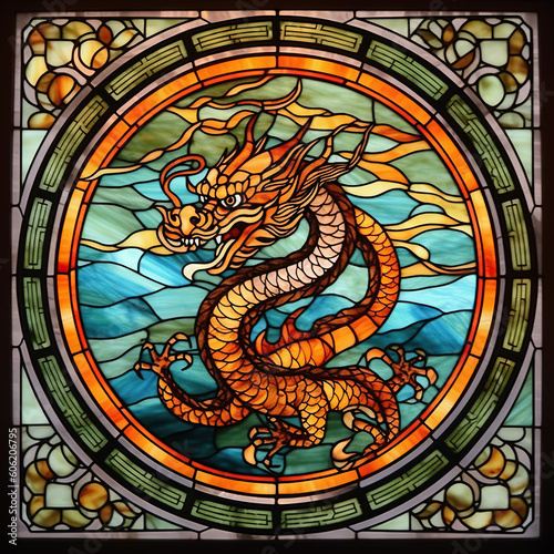 A beautiful Chinese dragon stained glass window. Vibrant colors. Modern design. AI generated image.