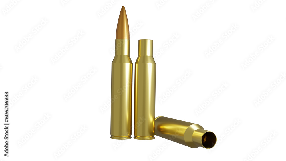 Realistic rifle bullet and bullet sleeve isolated on transparent background. Ammo concept. 3D render Realistic rifle bullet and bullet sleeve isolated on transparent background. Ammo concept. 3D render