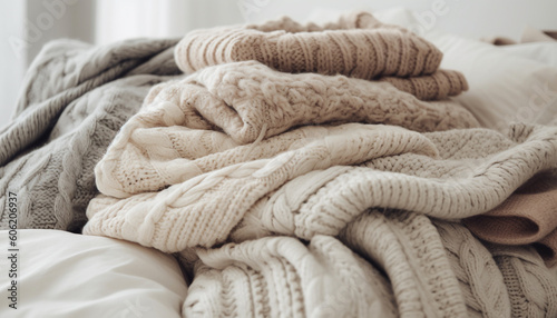 Soft woolen blanket adds warmth to bedroom decor generated by AI