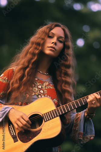 A Young Woman Embracing the Folk Hippie Flower Power Vibes While Playing Guitar - generative ai