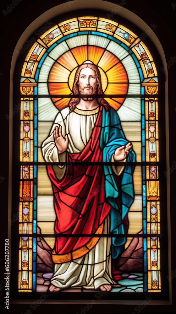 a beautiful stained glass window of Jesus Christ. Vibrant colors. Modern design. AI generated image.