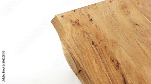 Perspective view of wood or wooden table corner isolated on white background including clipping path. 3d rendering.