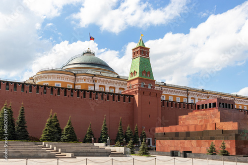 Red Square in Moscow, Kremlin wall, Dome of Senate building with flag of Russia and Mausoleum