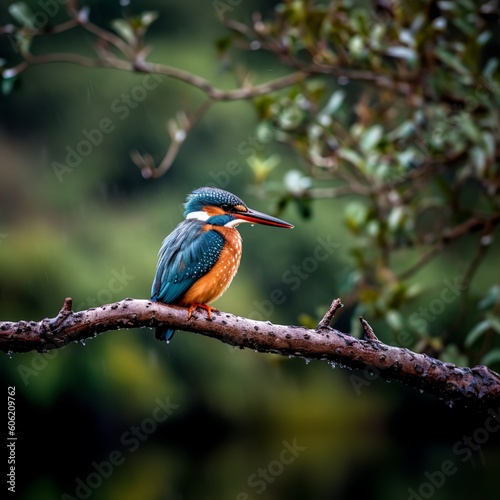 "Kingfisher Perched on a Branch Overlooking a Lush Wetland