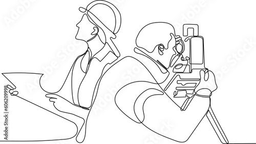 Close up of Caucasian worker with helmet on head using tablet for work while standing in warehouse. Surveyor with a tripod icon. Geodesic tripod. Vector illustration