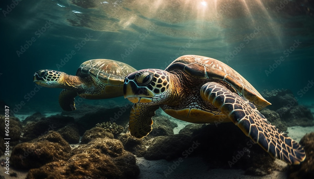Obraz premium Underwater turtle swimming in idyllic tropical reef generated by AI