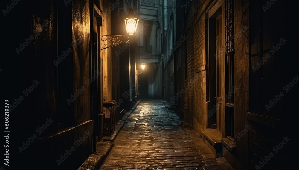 Spooky old architecture illuminated by lantern light generated by AI