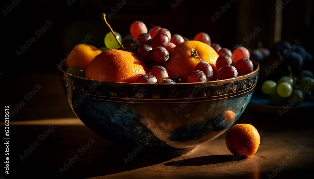 Fresh fruit bowl on rustic wood table generated by AI