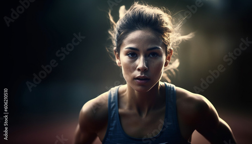 Young woman with muscular build jogging outdoors generated by AI