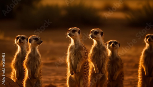 Small group of meerkats standing alert in nature generated by AI