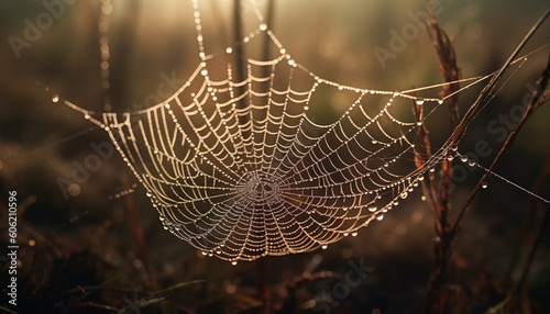 Spider spins dewy web, capturing autumn insect generated by AI