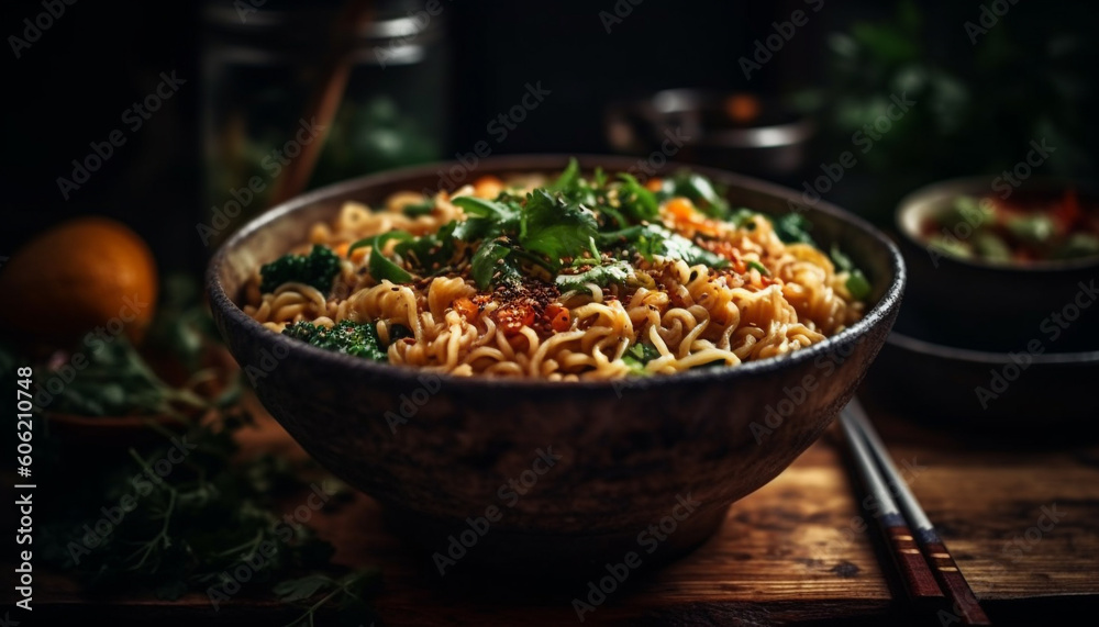 Gourmet ramen noodles in wooden bowl with chopsticks generated by AI Gourmet ramen noodles in wooden bowl with chopsticks generated by AI