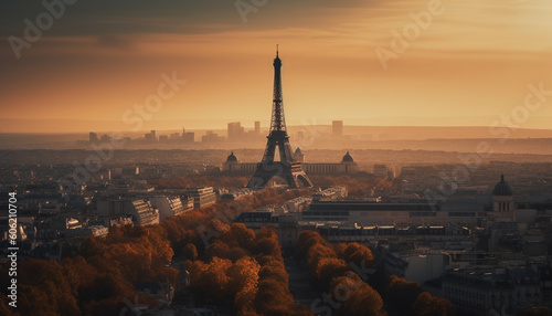 Panoramic sunset skyline illuminates famous city landmarks generated by AI
