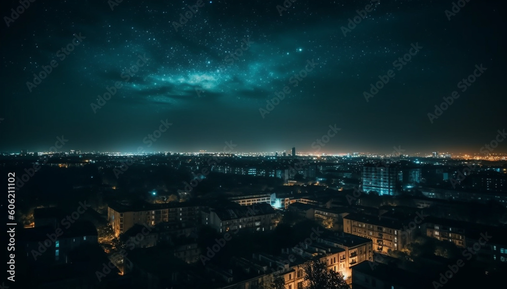Milky Way illuminates futuristic city skyline at night generated by AI