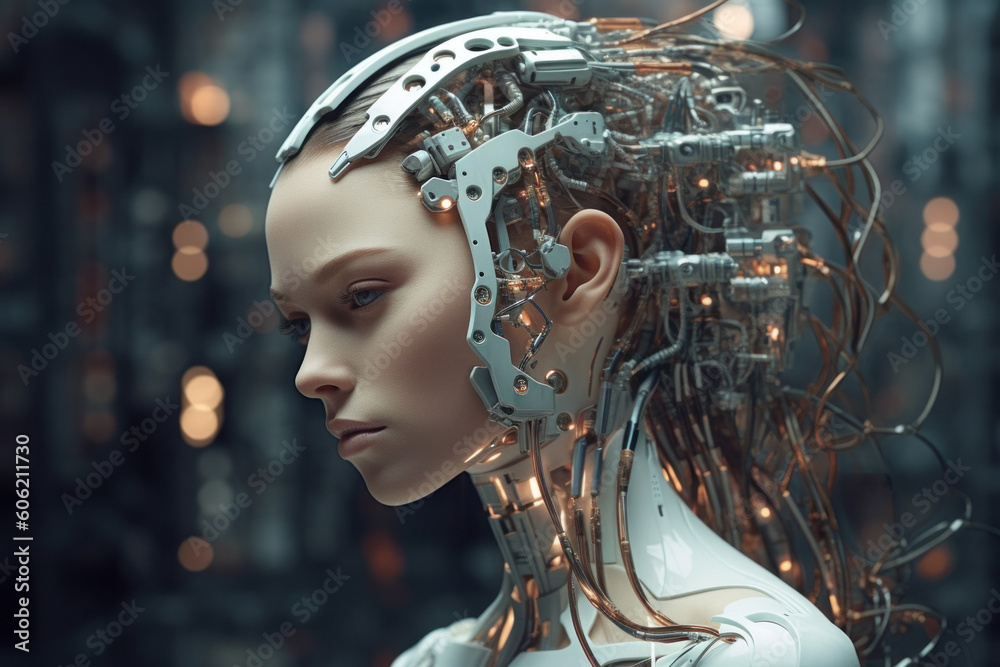 Artificial intelligence: Portrait of a Female Android Robot. Generative AI