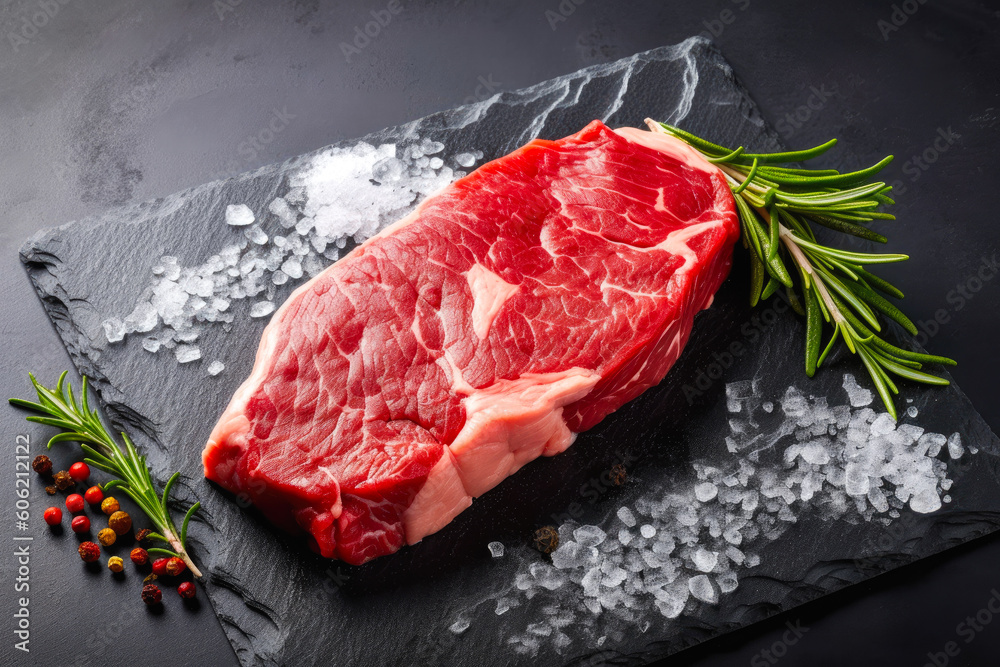 Juicy raw steak on a slate or dark shale background with pepper and herbs. Generative AI